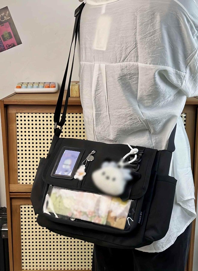 Winatehr black ita messenger bag for women, large capacity cute pin display crossbody bags, kawaii japanese anime ladies purse with water bottle holder, y2k korean college aesthetic carteras para mujer - Image 4